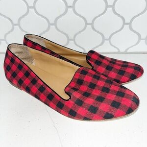 🌹J.Crew Cora buffalo check red black plaid flats / loafers textile upper 8.5